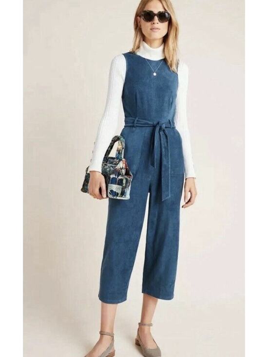 Anthropologie Pants - By Anthropologie Jumpsuit Womens Faux Suede Wide Leg Crop Teal Blue Stretch Sz 8